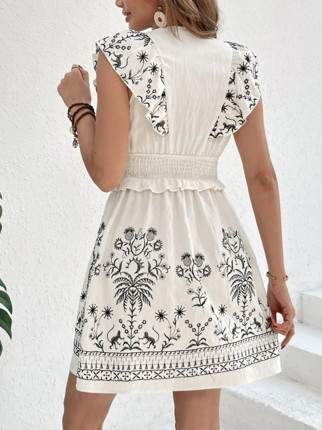 Smocked Ruffled Cap Sleeve Mini Dress