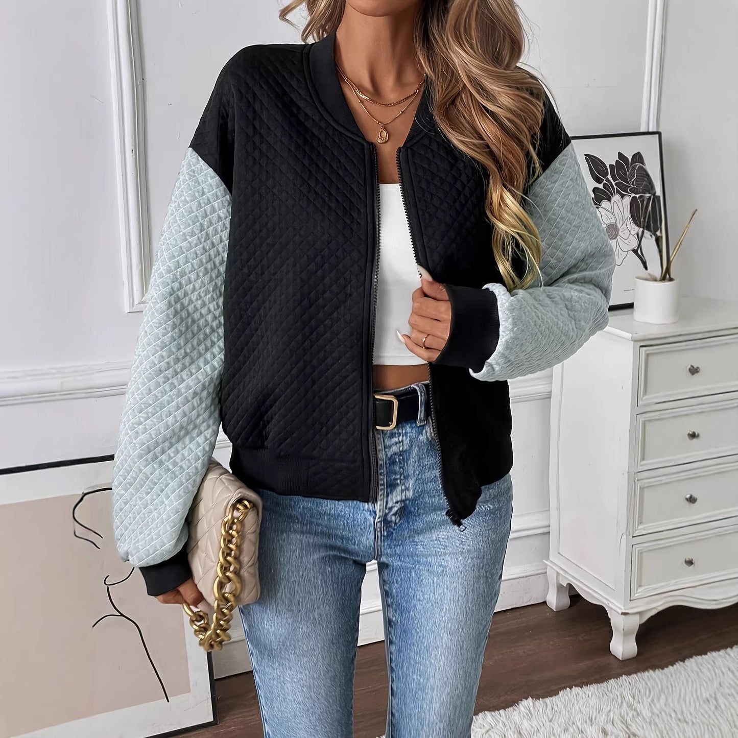 Women’s Color-Blocked Baseball Collar Casual Long-Sleeved Zipper Jacket
