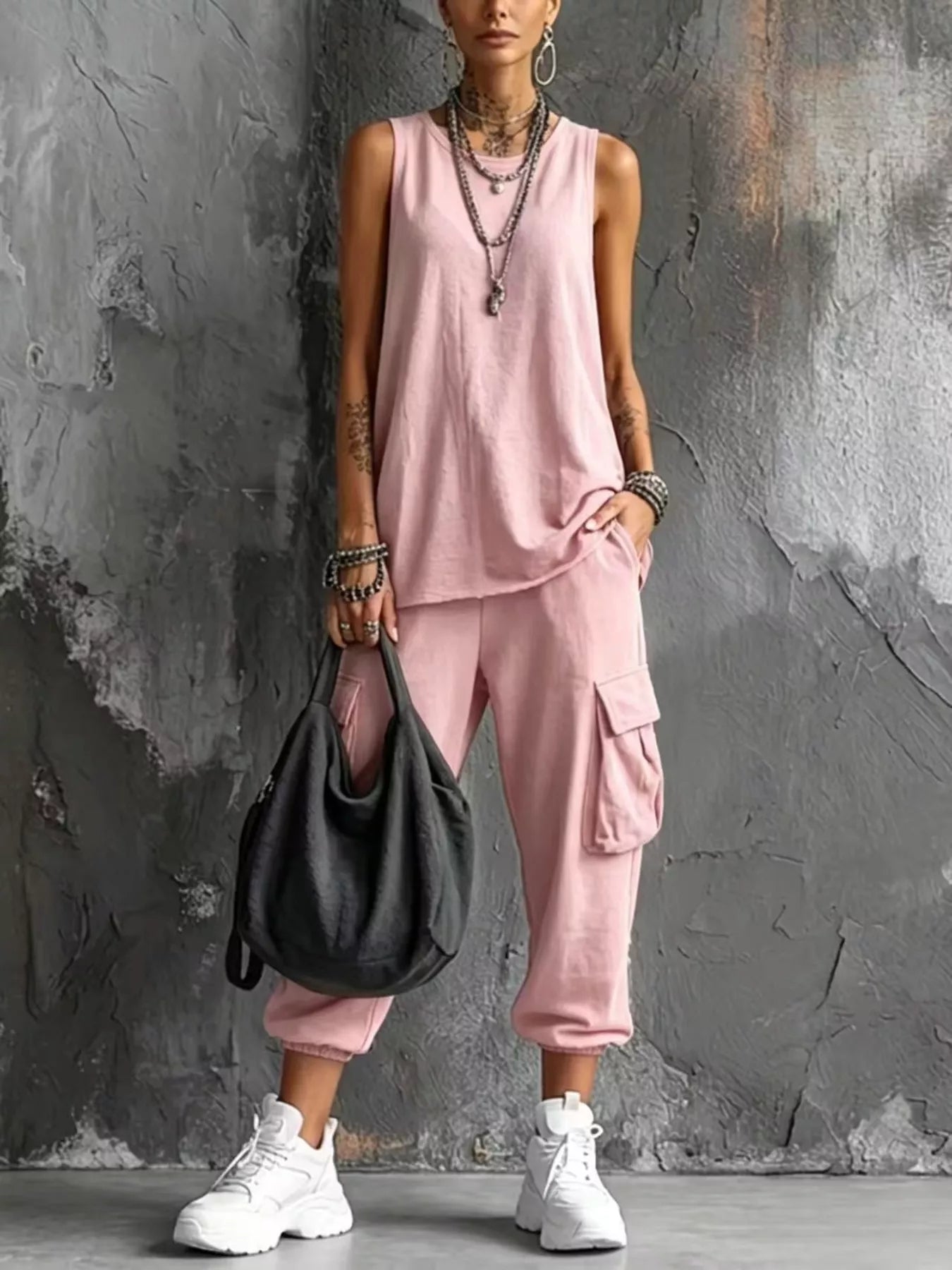 Full Size Casual Tank and Cargo Pants Set Plus Size