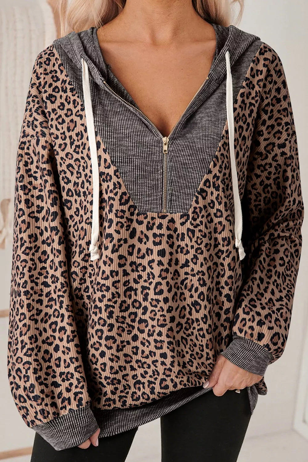 Leopard Print Quarter-Zip Hoodie