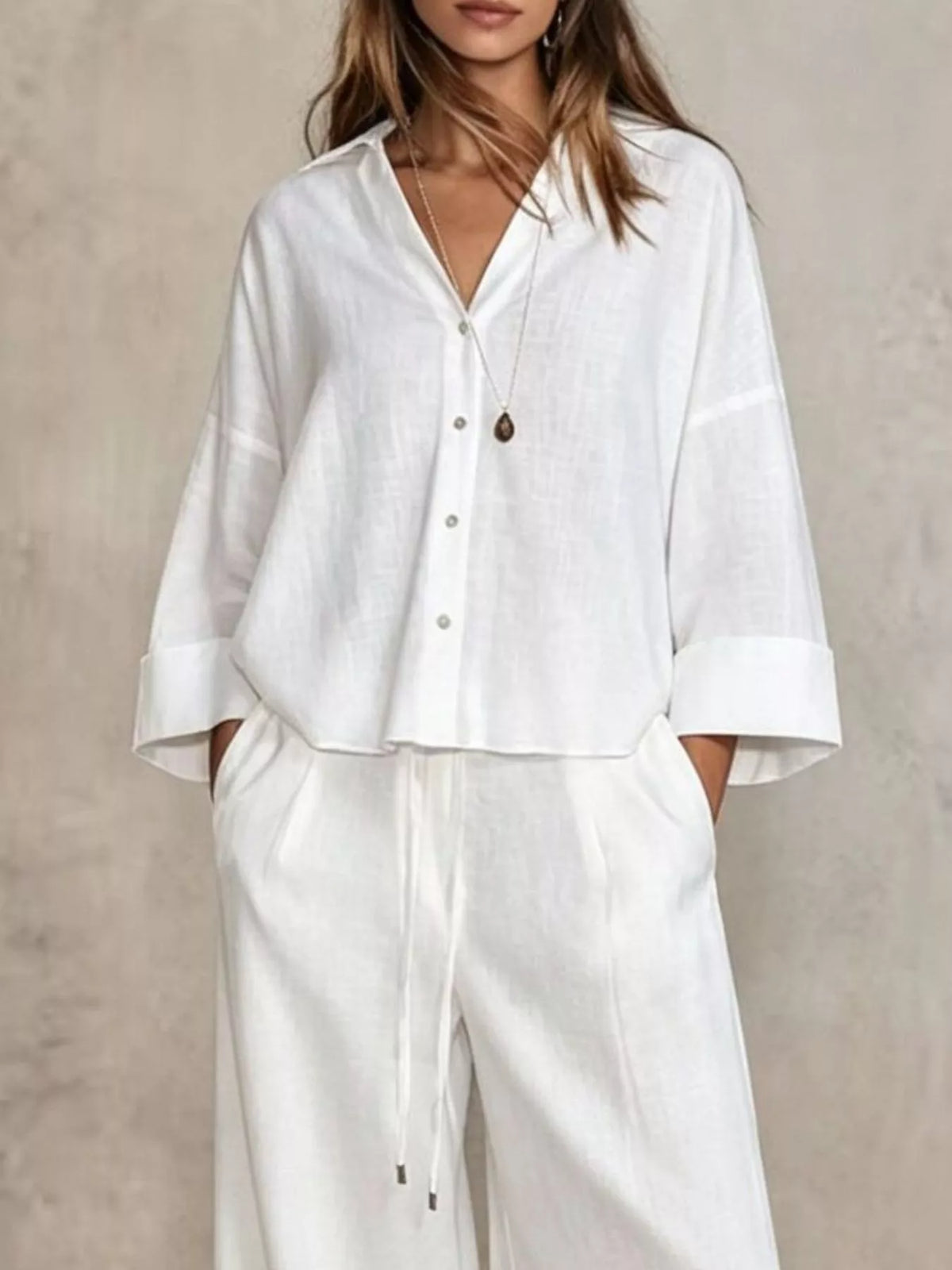 Full Size Button-Down Shirt and Wide-Leg Pants Set Plus Size