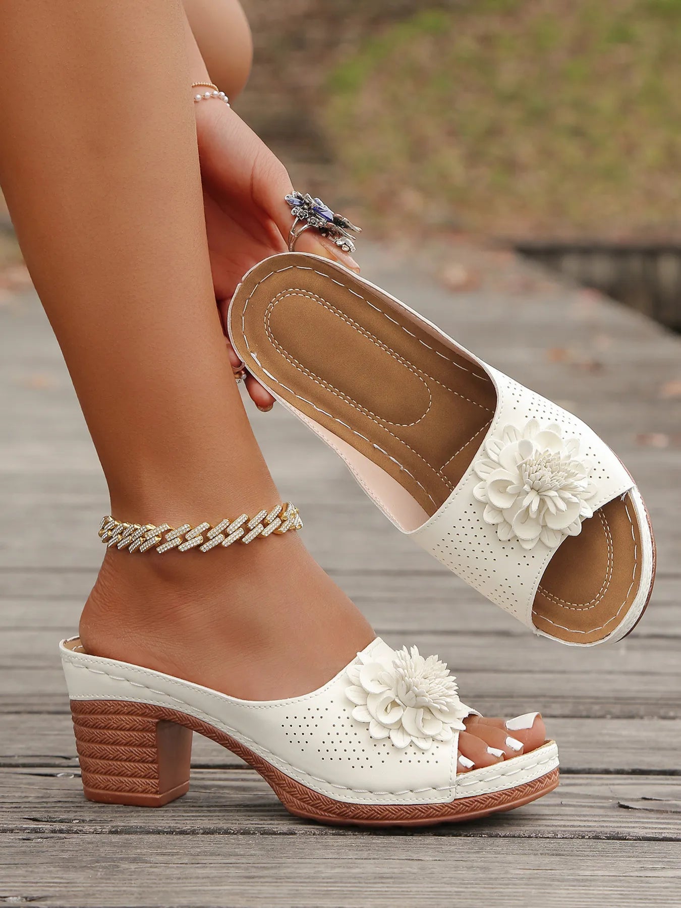 Flower Block Heels Sandals
