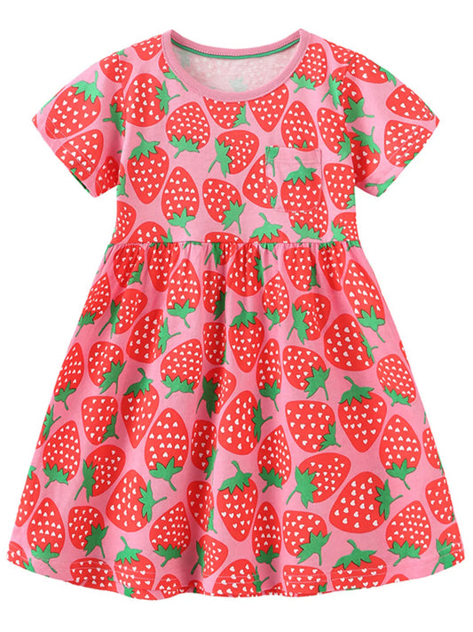 Children's Strawberry Print Short Sleeve Dress