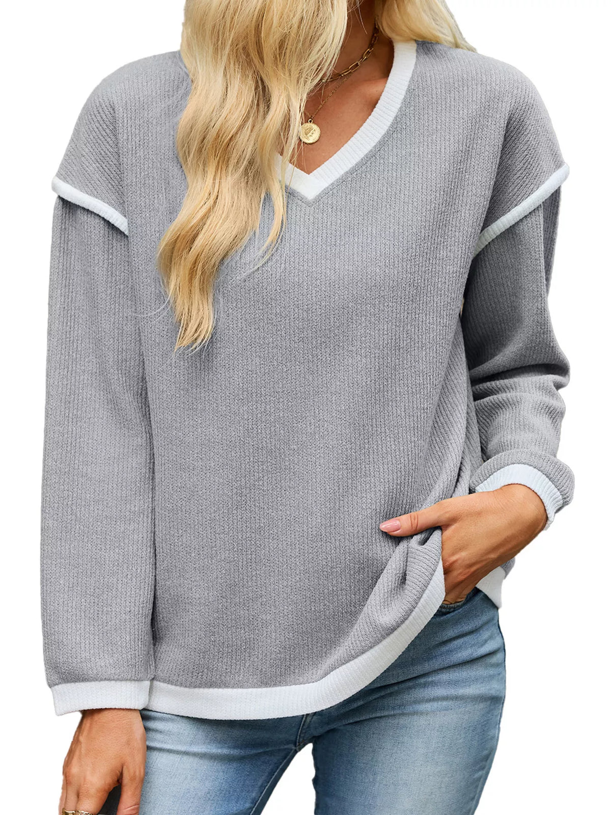 Casual V-Neck Dropped Shoulder Sweater