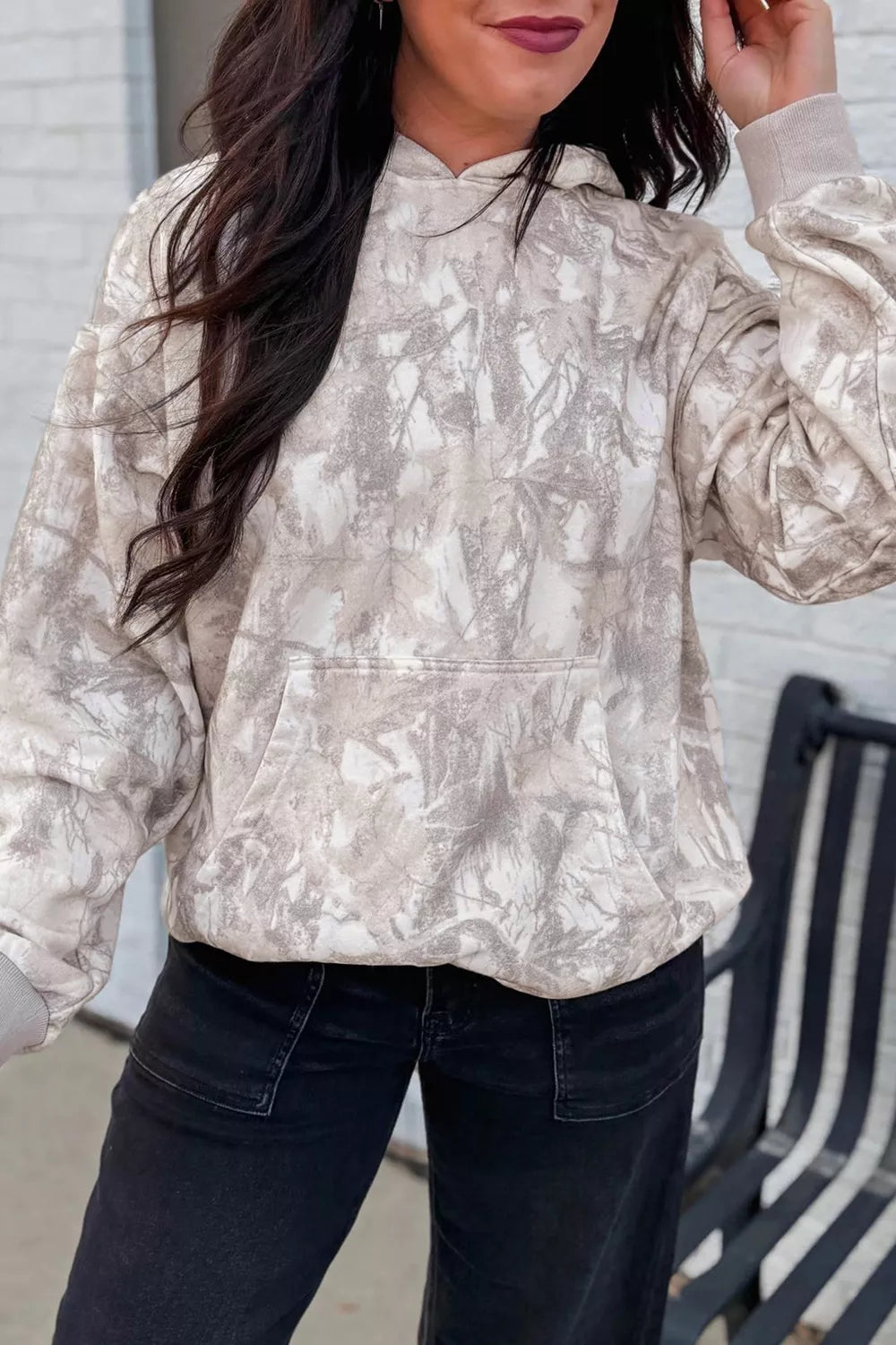 Abstract Print Ribbed Cuffs Hem Long Sleeve Hoodie
