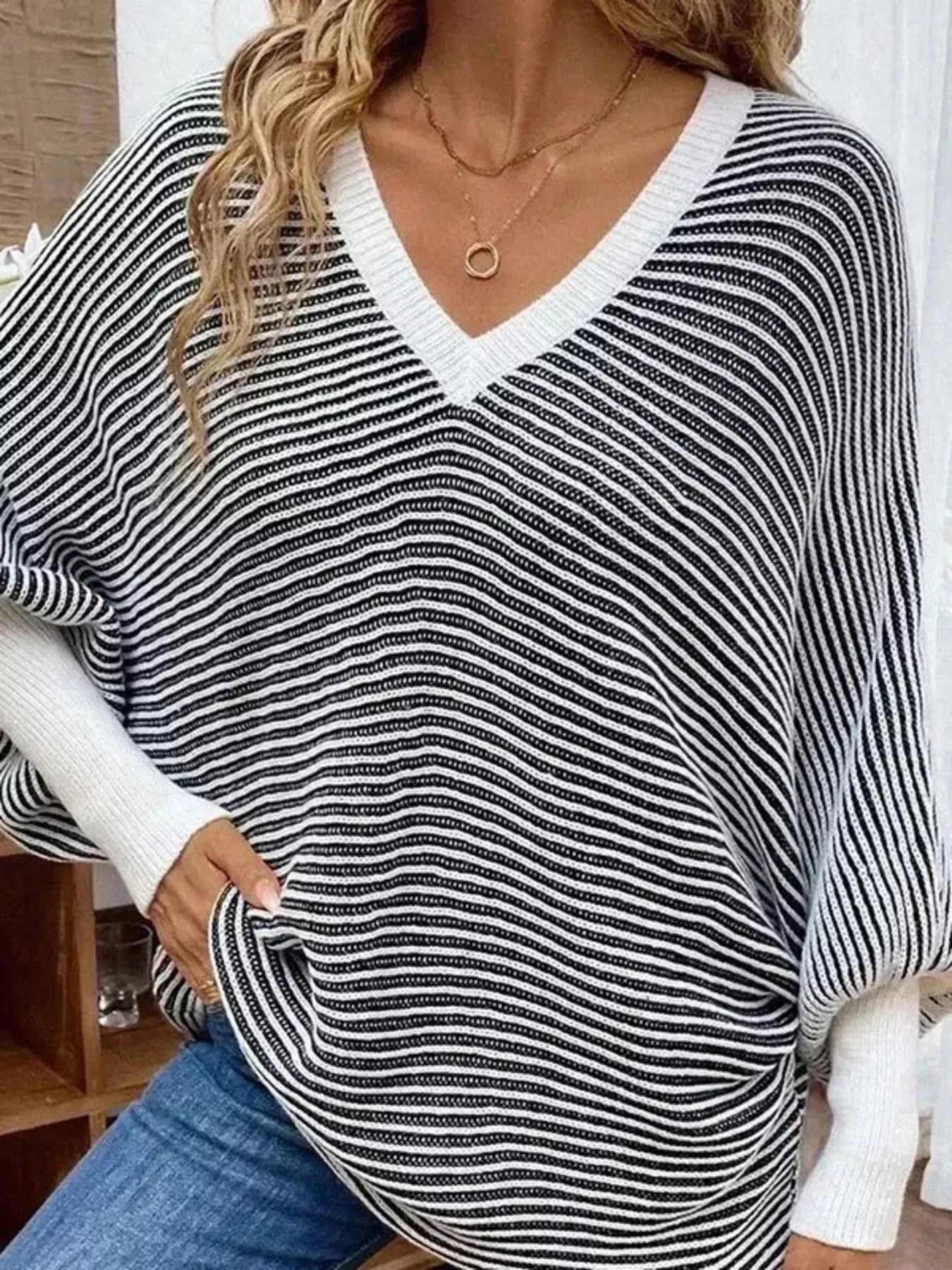 V-Neck Striped Batwing Sleeve Sweater