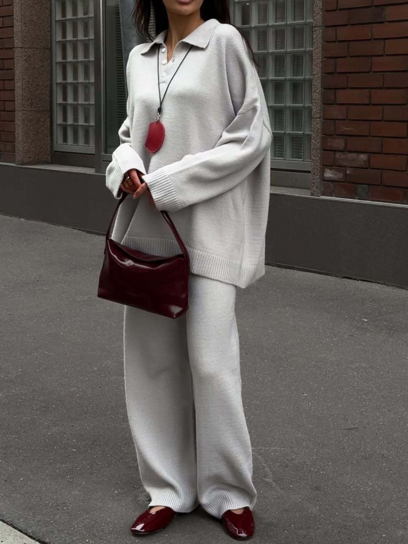 Polo Collar Top and Wide Leg Pants Knit Set