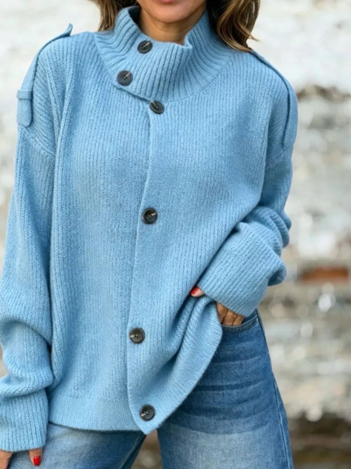 Full Size Button-Up Mock Neck Cardigan Plus Size