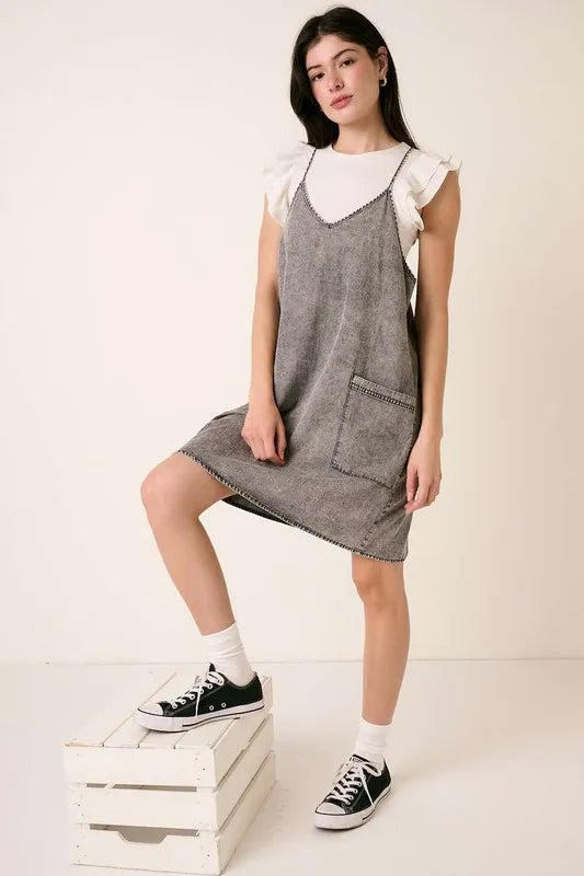 Mittoshop Washed Patch Pocket Mini Cami Denim Dress