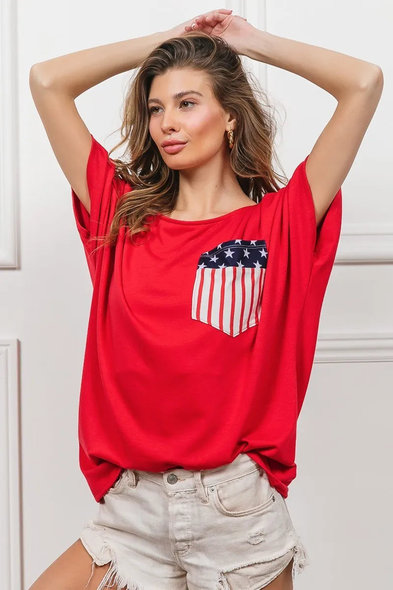 BiBi French Terry With Front Pocket Dolman Sleeves Top