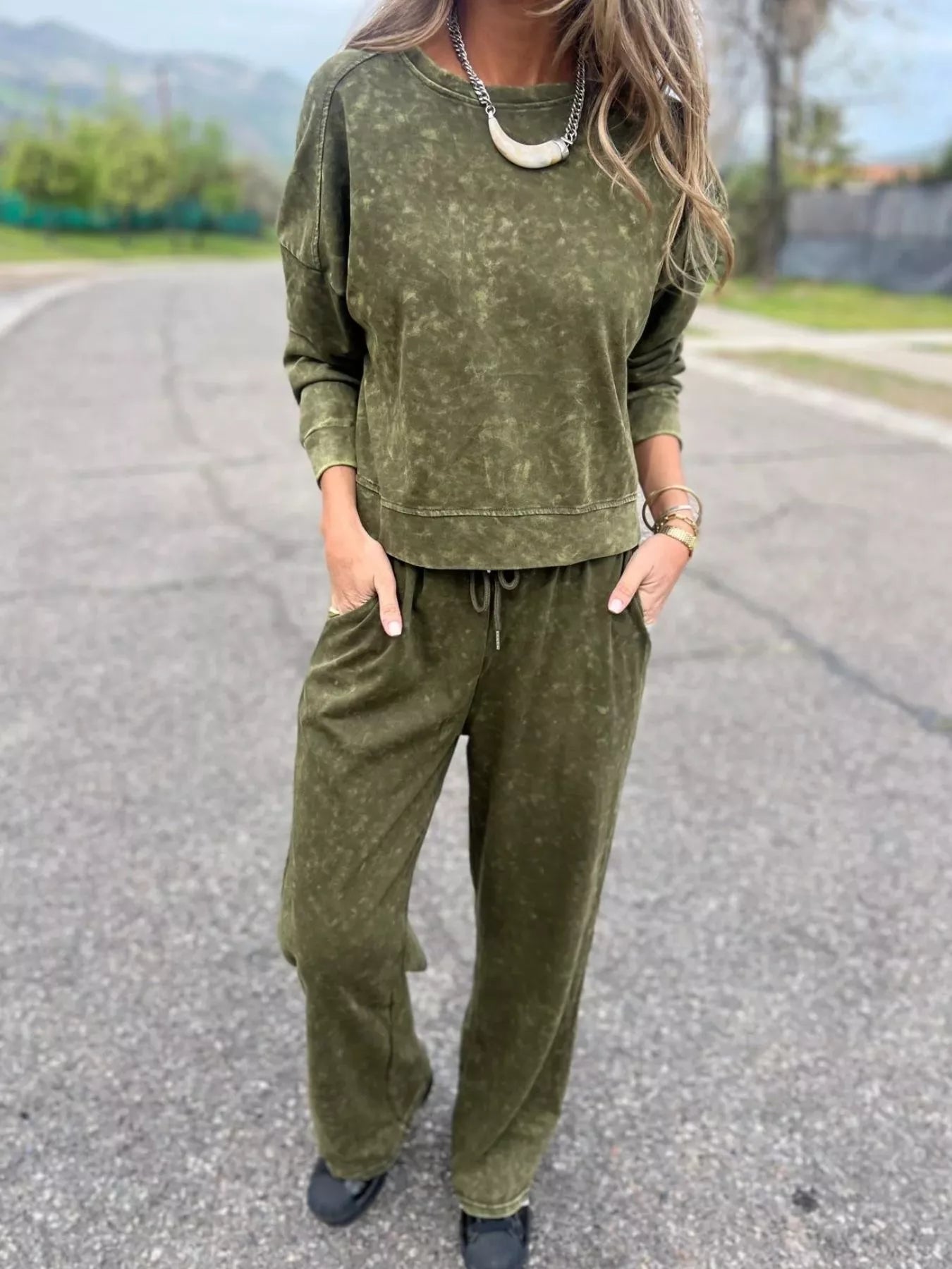 Full Size Washed Round Neck Top and Drawstring Pants Set Plus Size