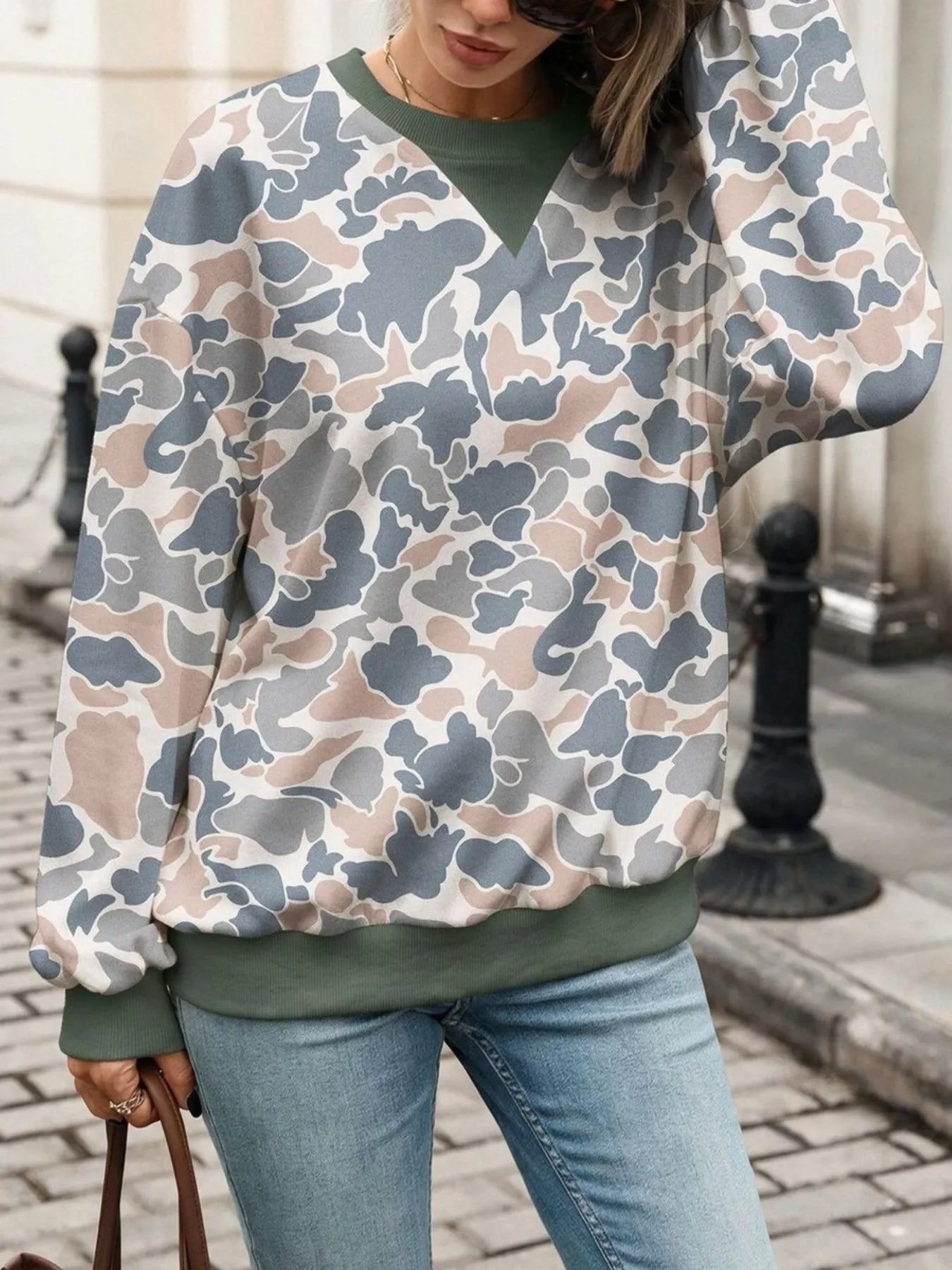 Leaf Print Sweatshirt with Contrasting Trim