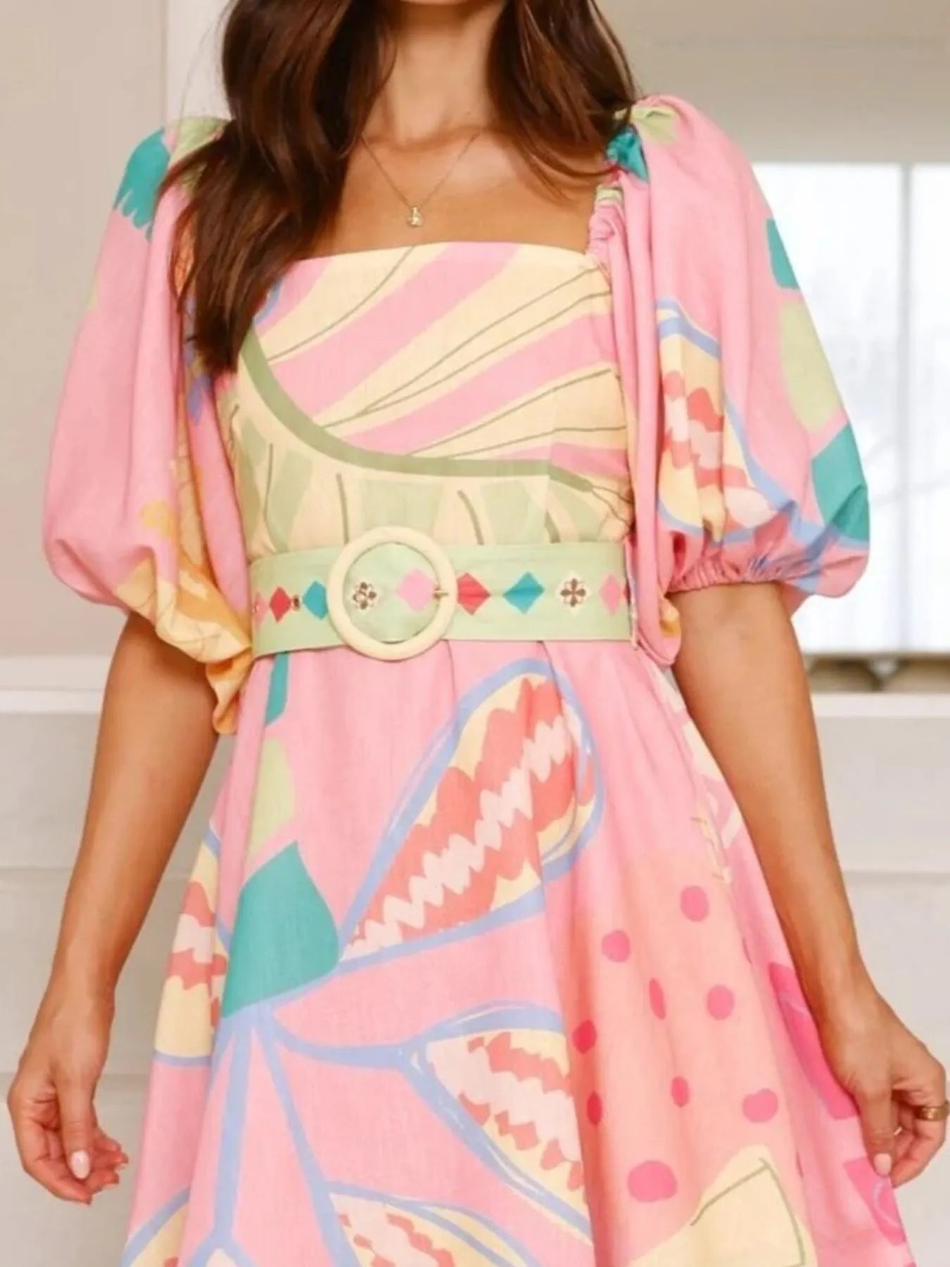 Printed Square Neck Puff Sleeve Dress