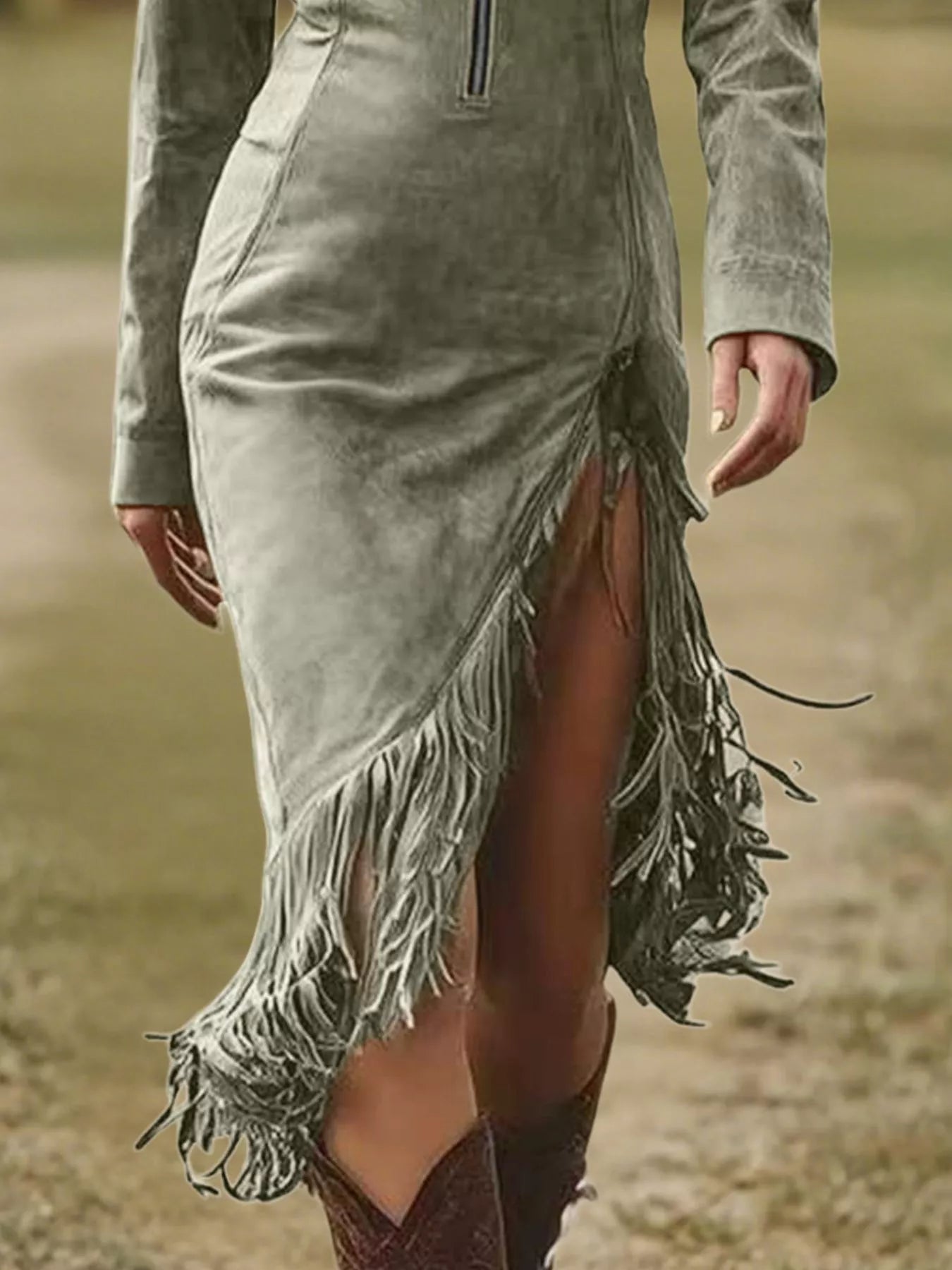 Full Size Fringe Hem Zip Front Bodycon Dress Plus Size
