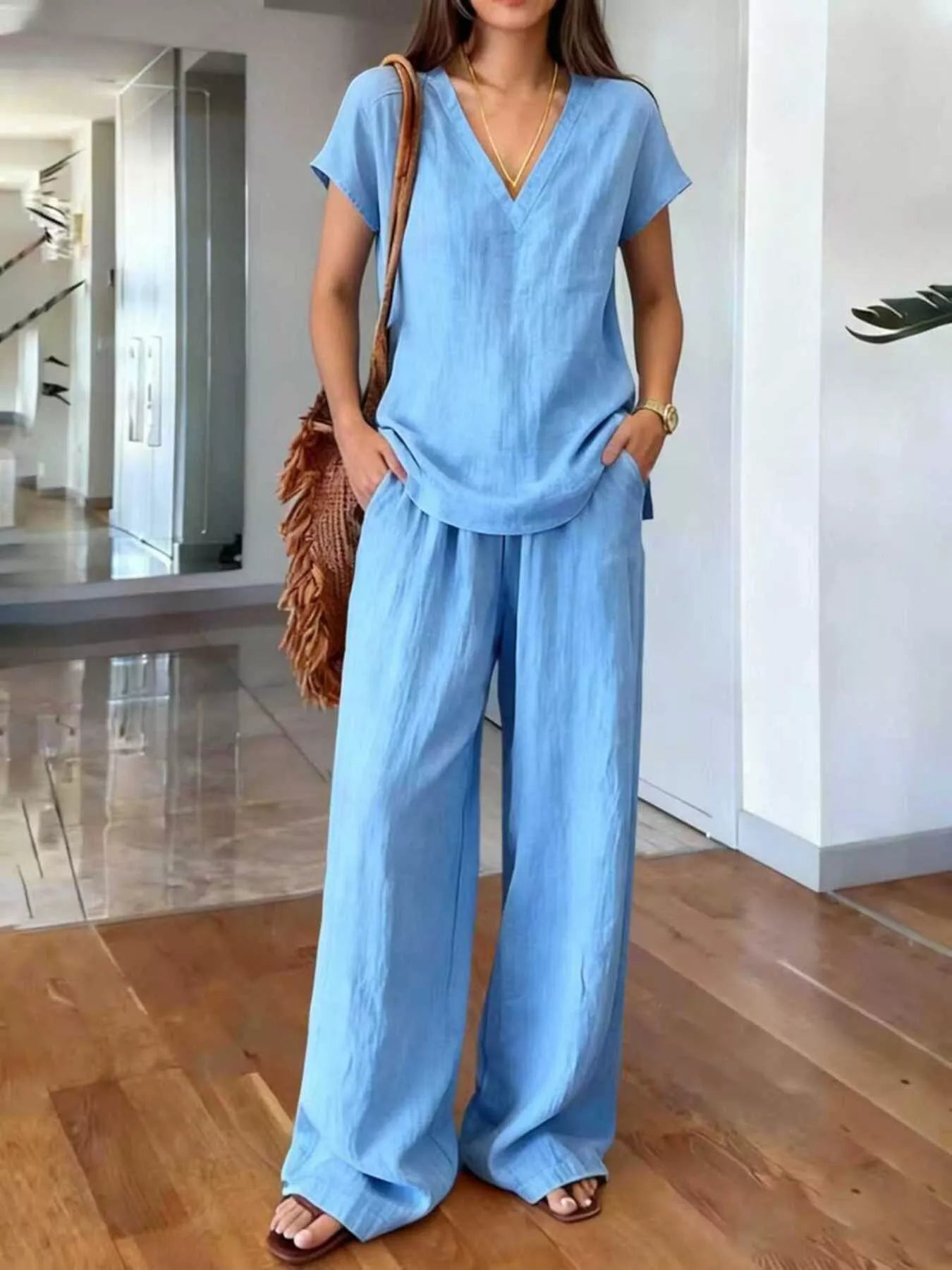 Full Size V-Neck Short Sleeve Top and Pants Set Plus Size