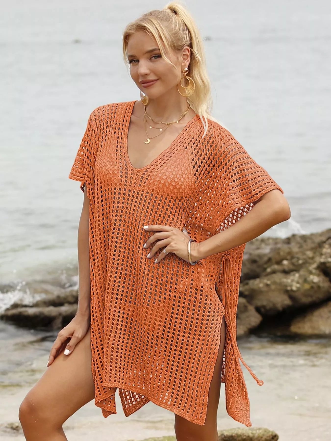 Openwork V-Neck Slit Cover-Up