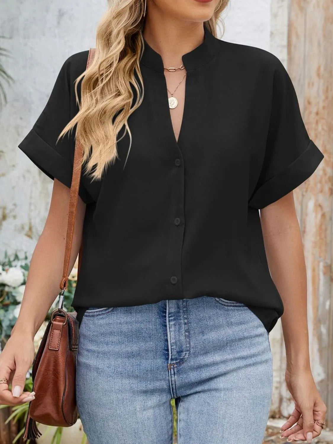 Notched Short Sleeve Blouse