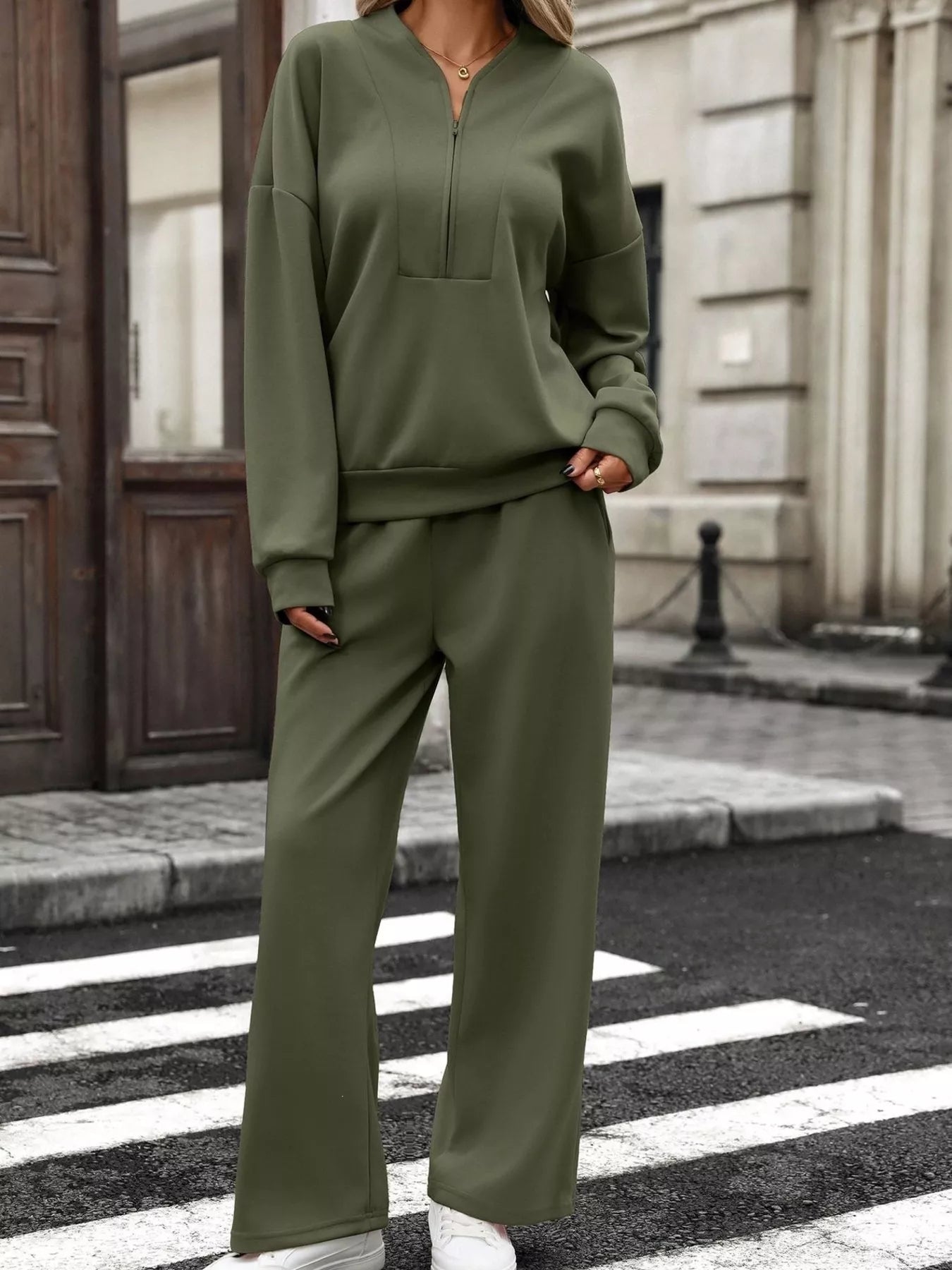 Half Zip Sweatshirt and Wide-Leg Pants Set
