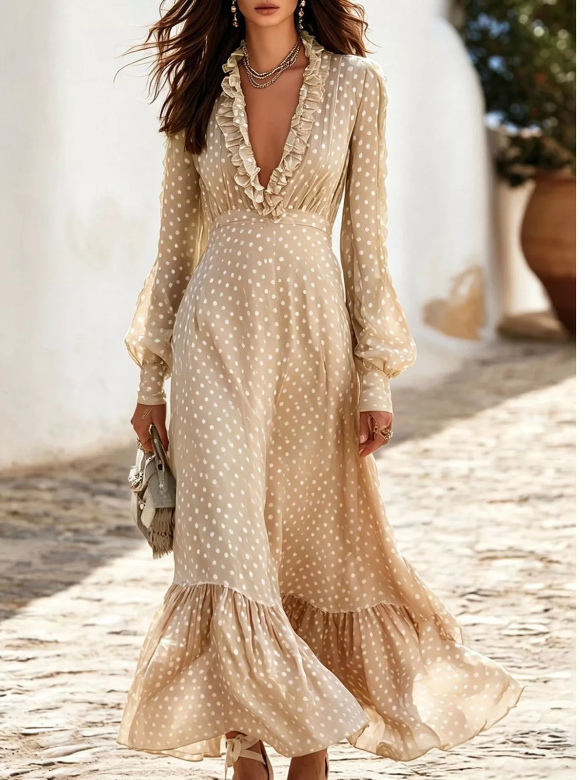 Full Size Polka Dot Ruffle V-Neck Maxi Dress Plus Size