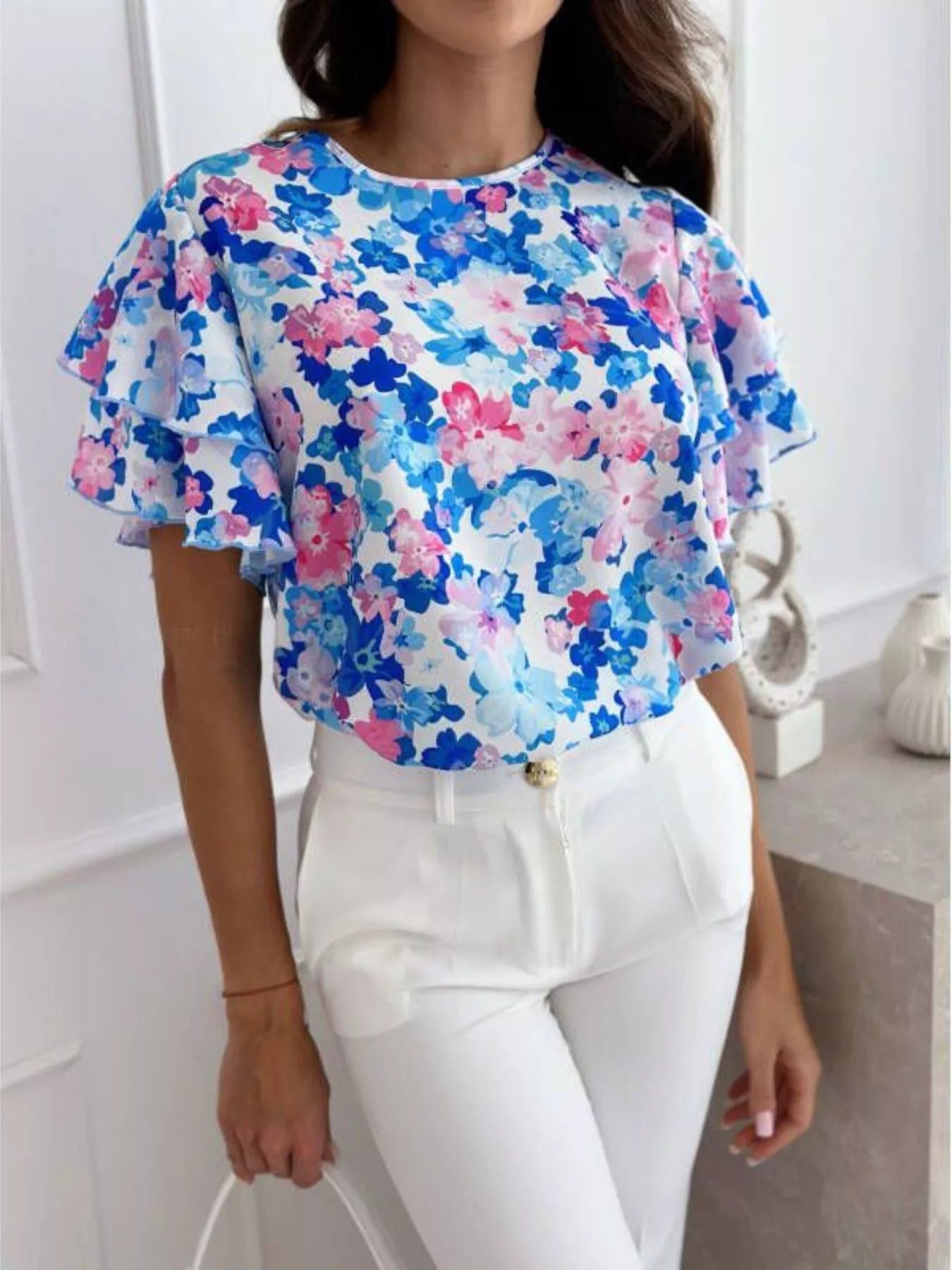 Floral Print Ruffle Sleeve Blouse