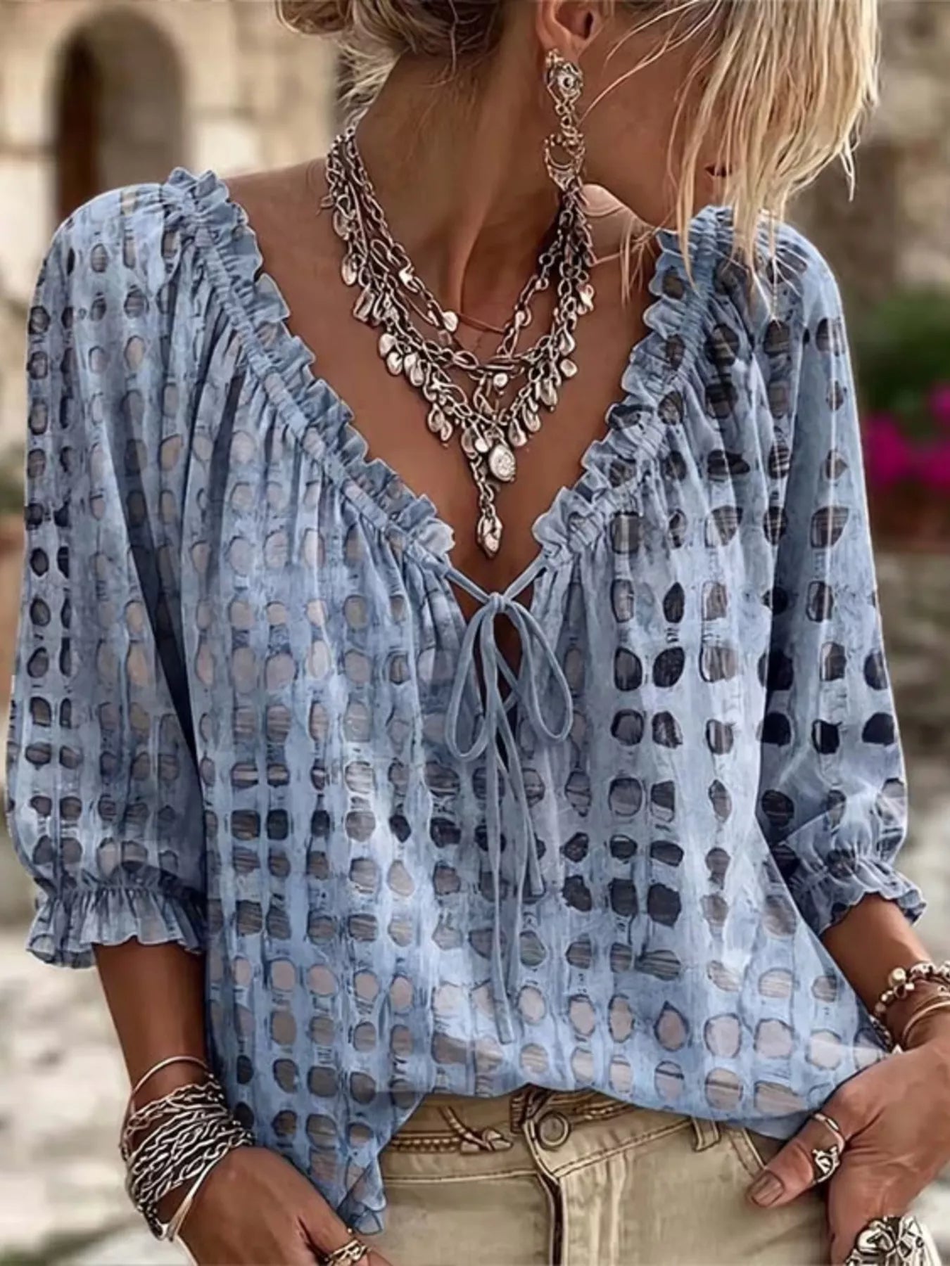Full Size Tie Neck 3/4 Sleeve Blouse Plus Size