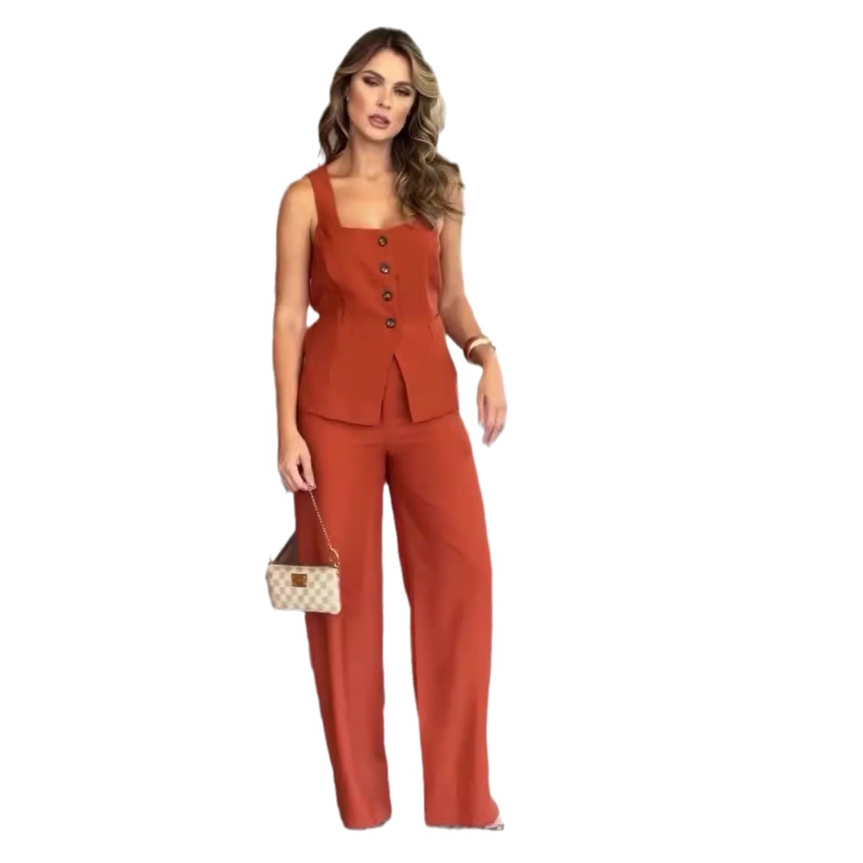 Solid Color Square Collar Slim Strap Elegant Wide Leg Trousers Suit For Women (See size chart where applicable)