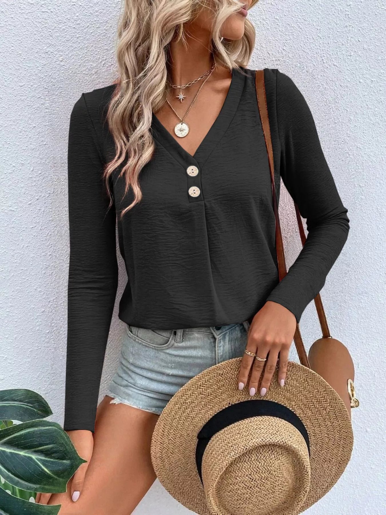 Full Size V-Neck Decor Button Long Sleeve T-Shirt Plus Size