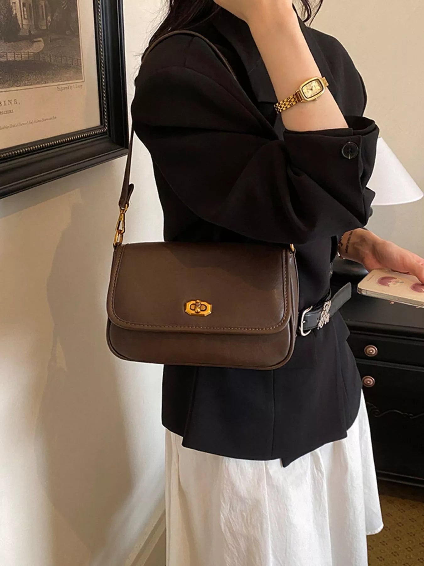 Twist Lock Flap Shoulder Bag