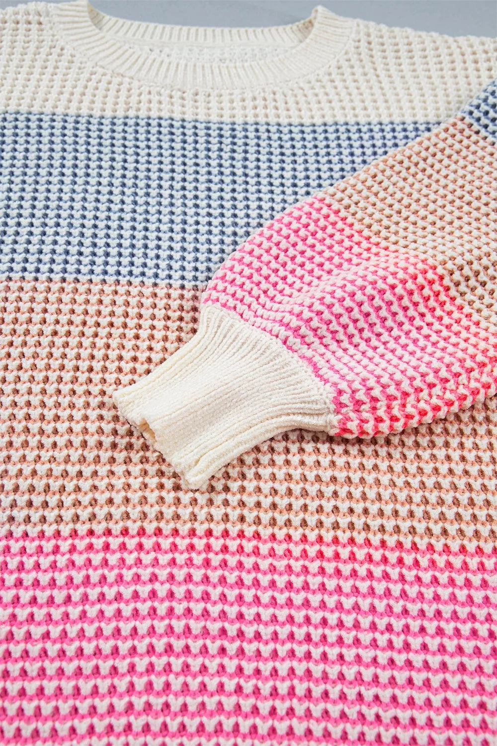 Color Block Waffle Knit Drop Shoulder Round Neck Long Sleeve Sweater