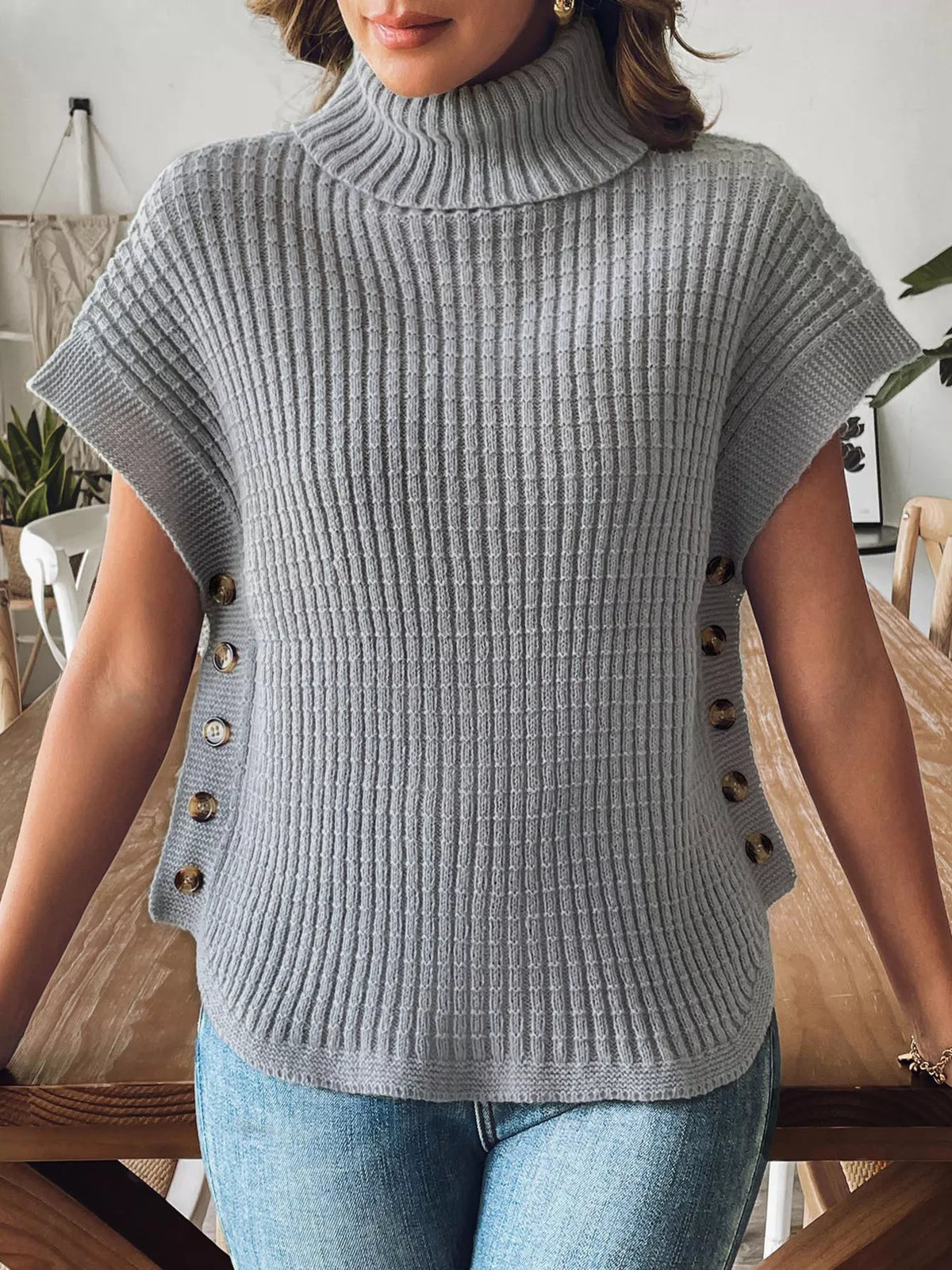 Ribbed Turtleneck Sweater with Side Button Detail