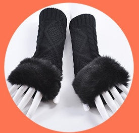 Women Rabbit Fur Fingerless Gloves - Autumn Winter Warmth For Cute Student Style
