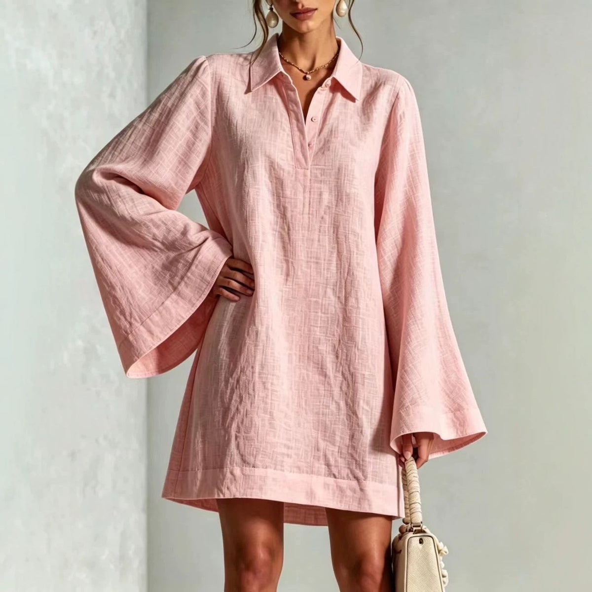 Women's Lapel Collar Flared Sleeve A-Line Midi Dress