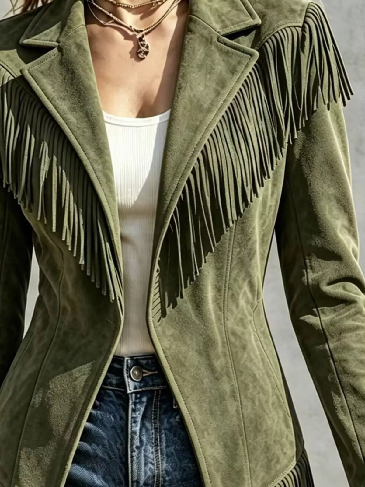 Western-Inspired Fringed Open Front Jacket