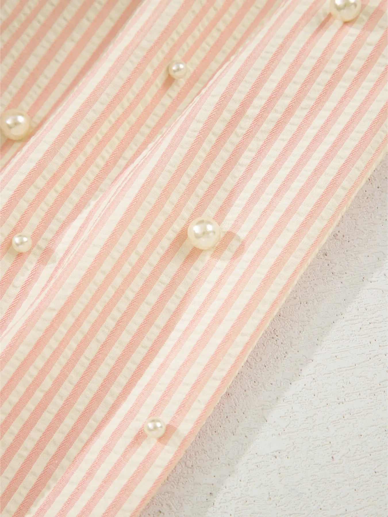 Stripe Bow Knot Cuff Pearl Embellished Puff Sleeve V Neck Blouse