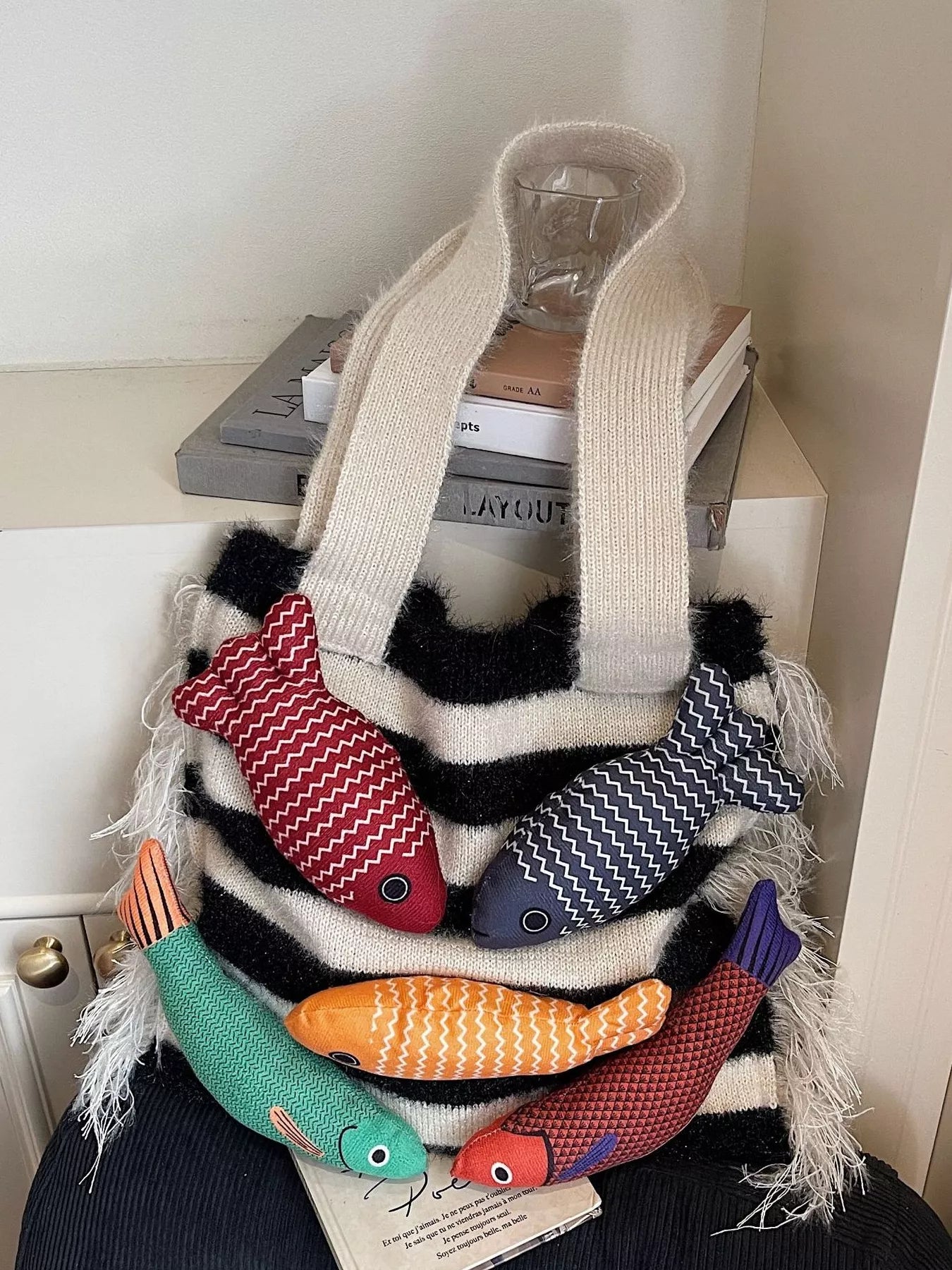 Fish Decor Striped Knit Handbag