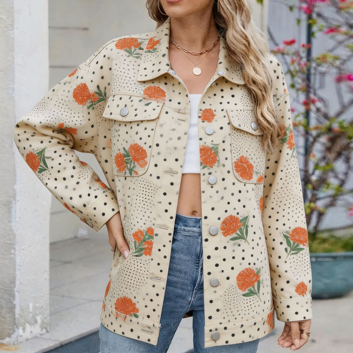 Women's Botanical Print Drop-Shoulder Denim Jacket