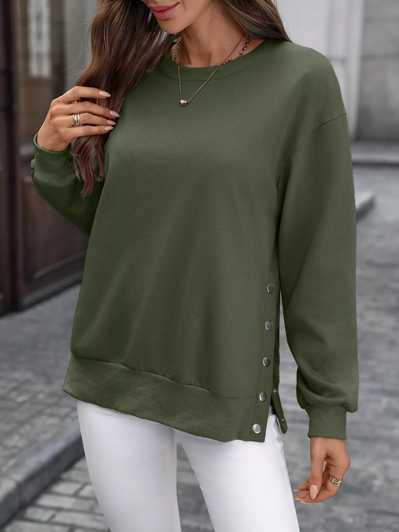 Side Snap Round Neck Sweatshirt