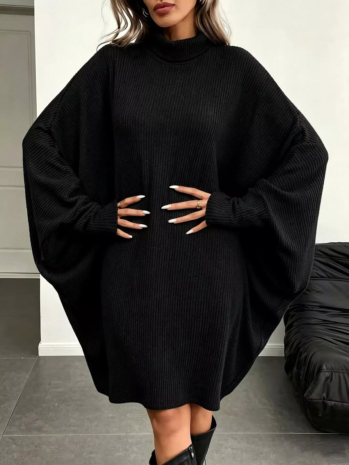 Oversized Batwing Sleeve Ribbed Knit Turtleneck Dress