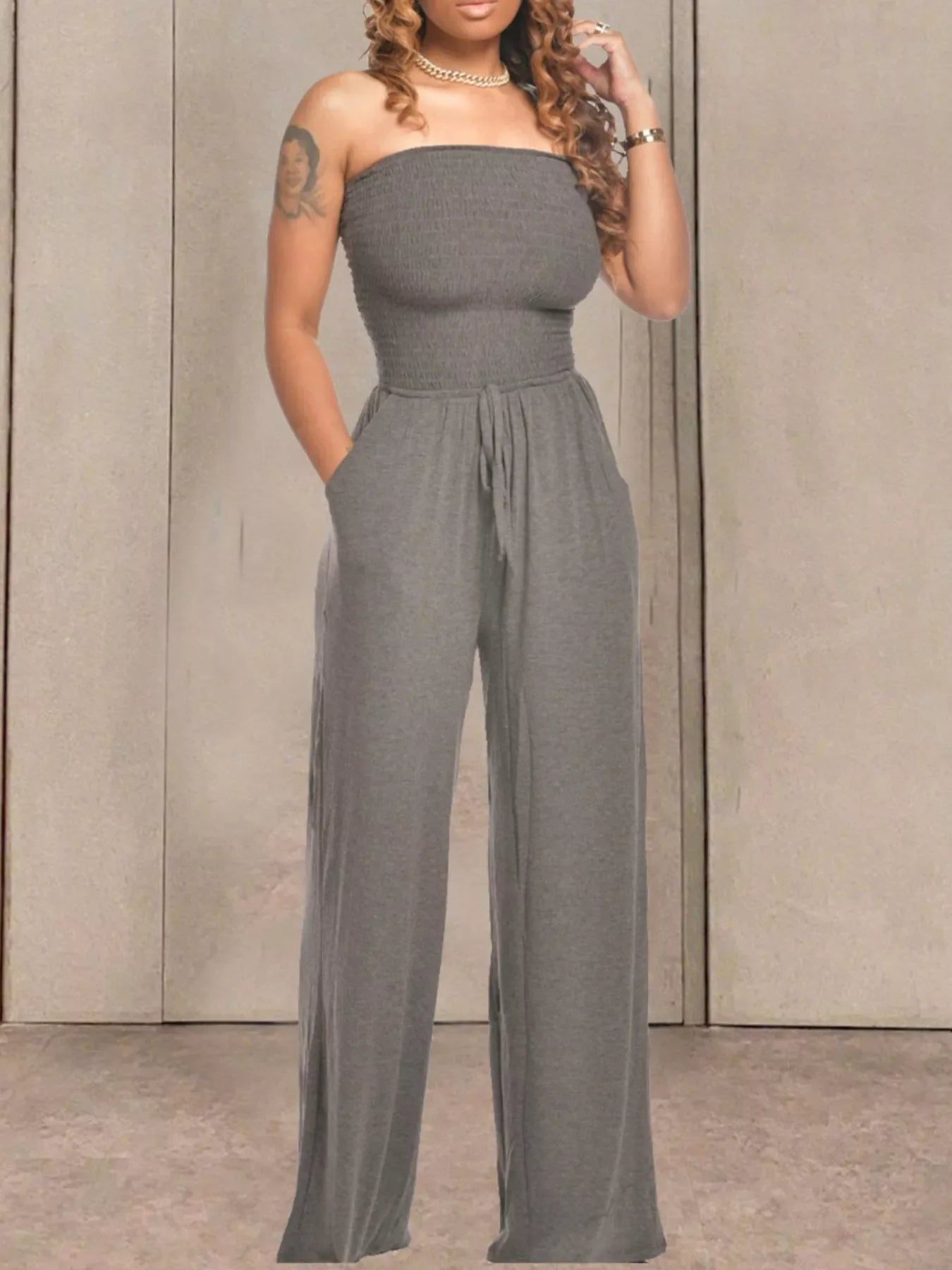 Strapless Smocked Wide-Leg Jumpsuit