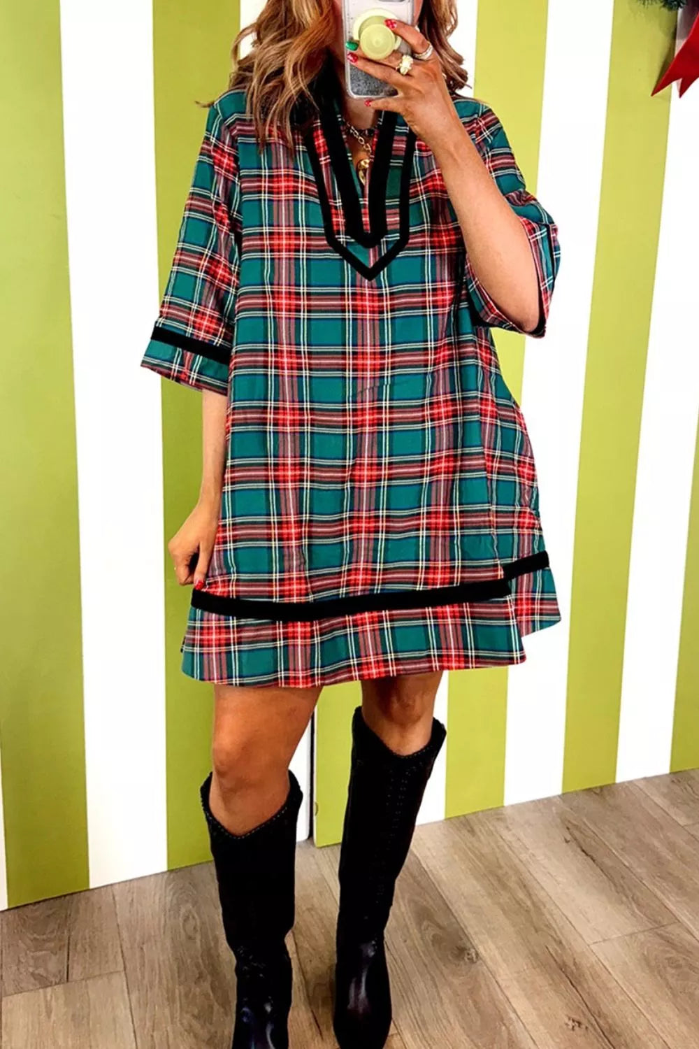 Plaid Velvet Trim Pockets Short Shift Dress