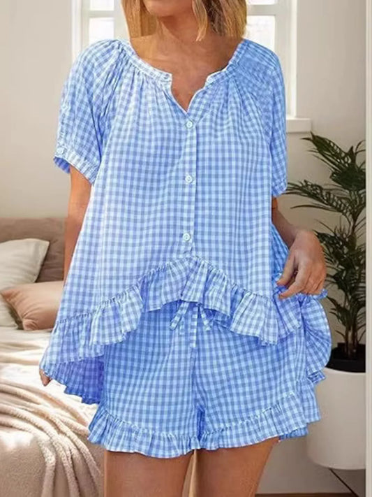 Gingham Ruffle Trim Top and Shorts Set