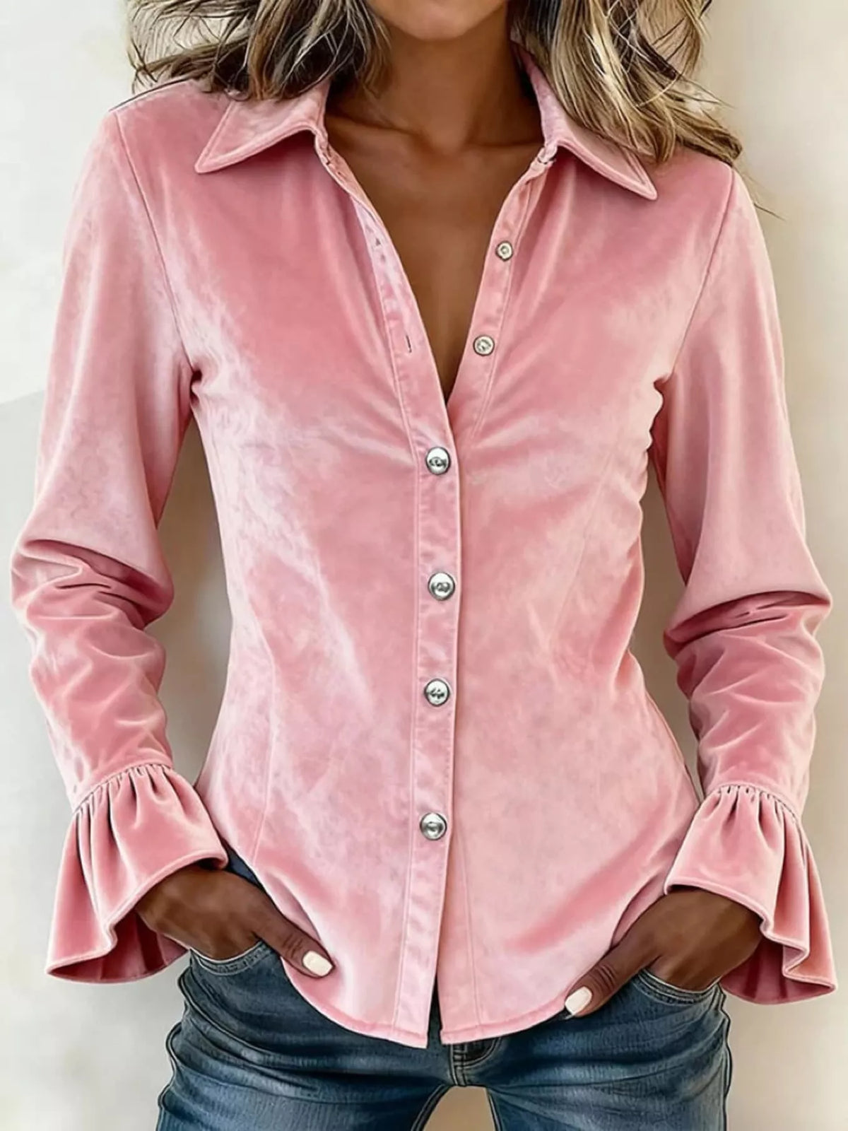 Velvet Button-Down Flounce Sleeve Shirt