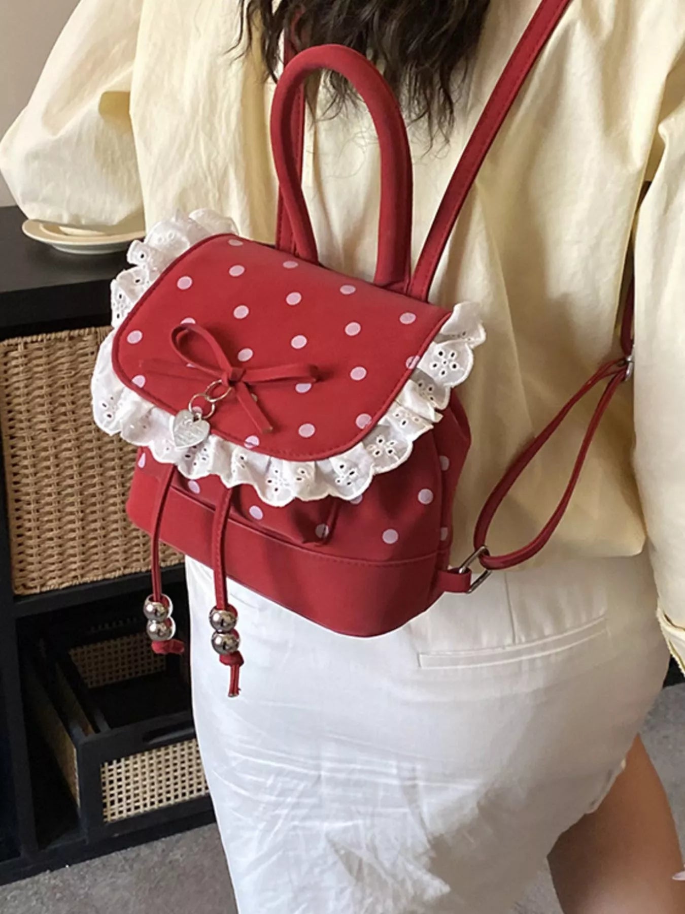 Polka Dot Lace Trim Backpack Bag