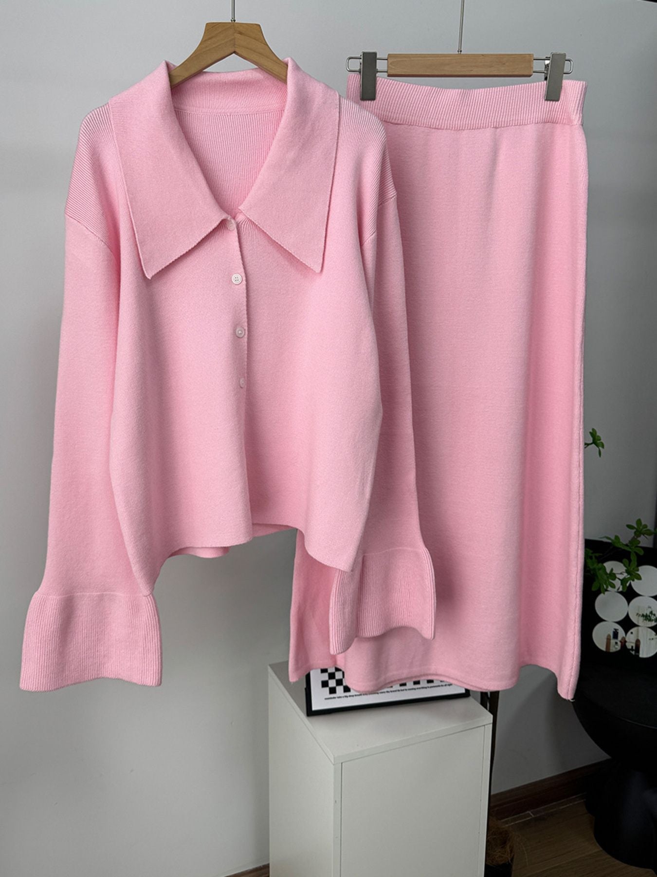 Button Down Long Sleeve Cardigan and Skirt Knit Set