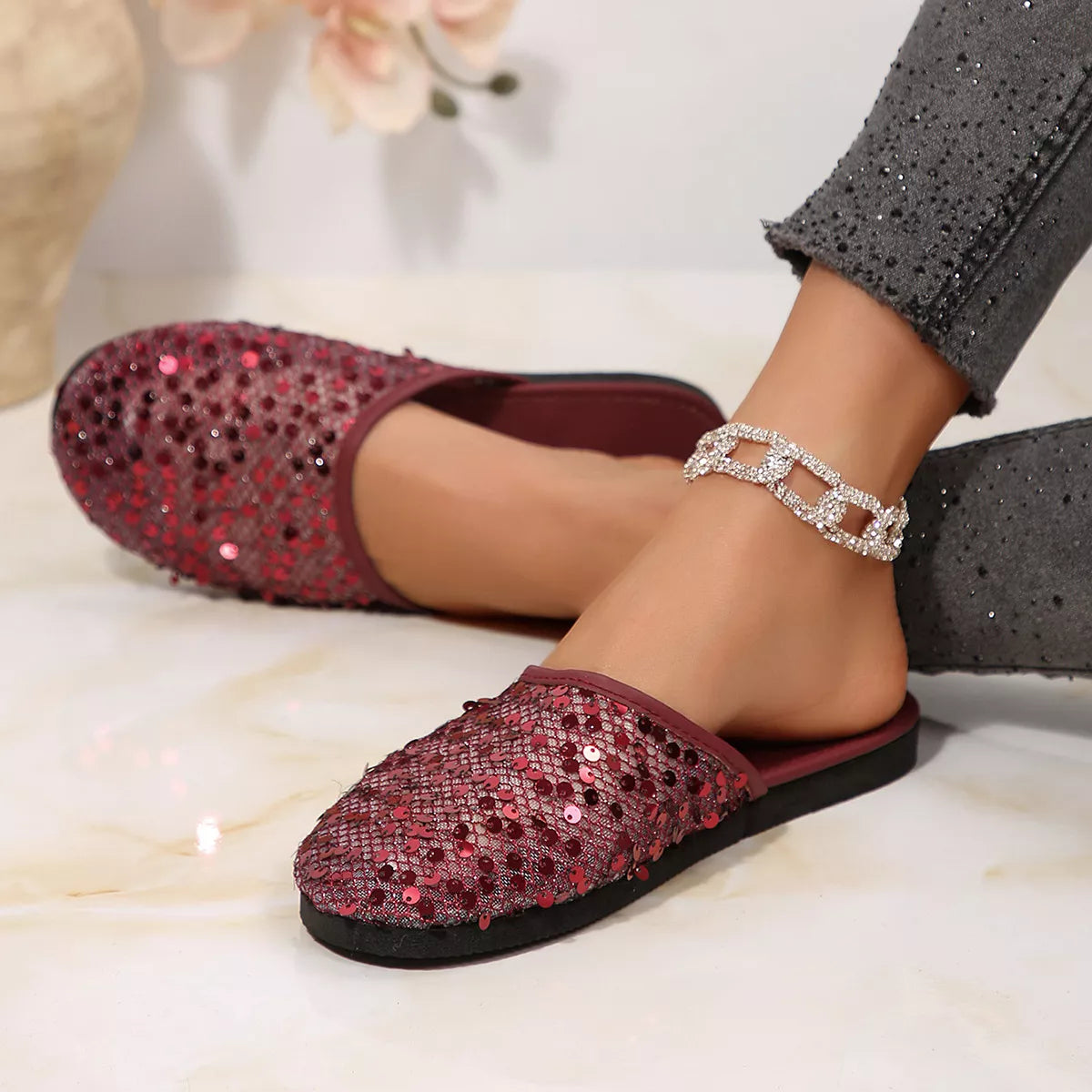 Round Toe Sequin Sandals