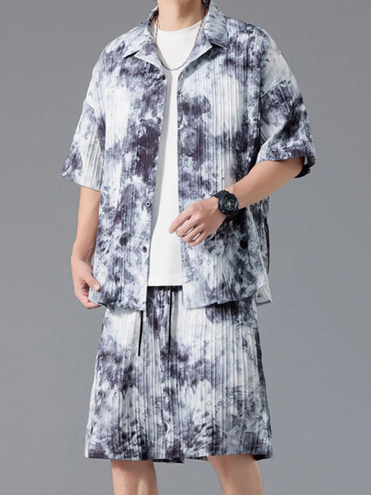 Men's Full Size Tie-Dye Casual Shirt and Shorts Set Plus Size