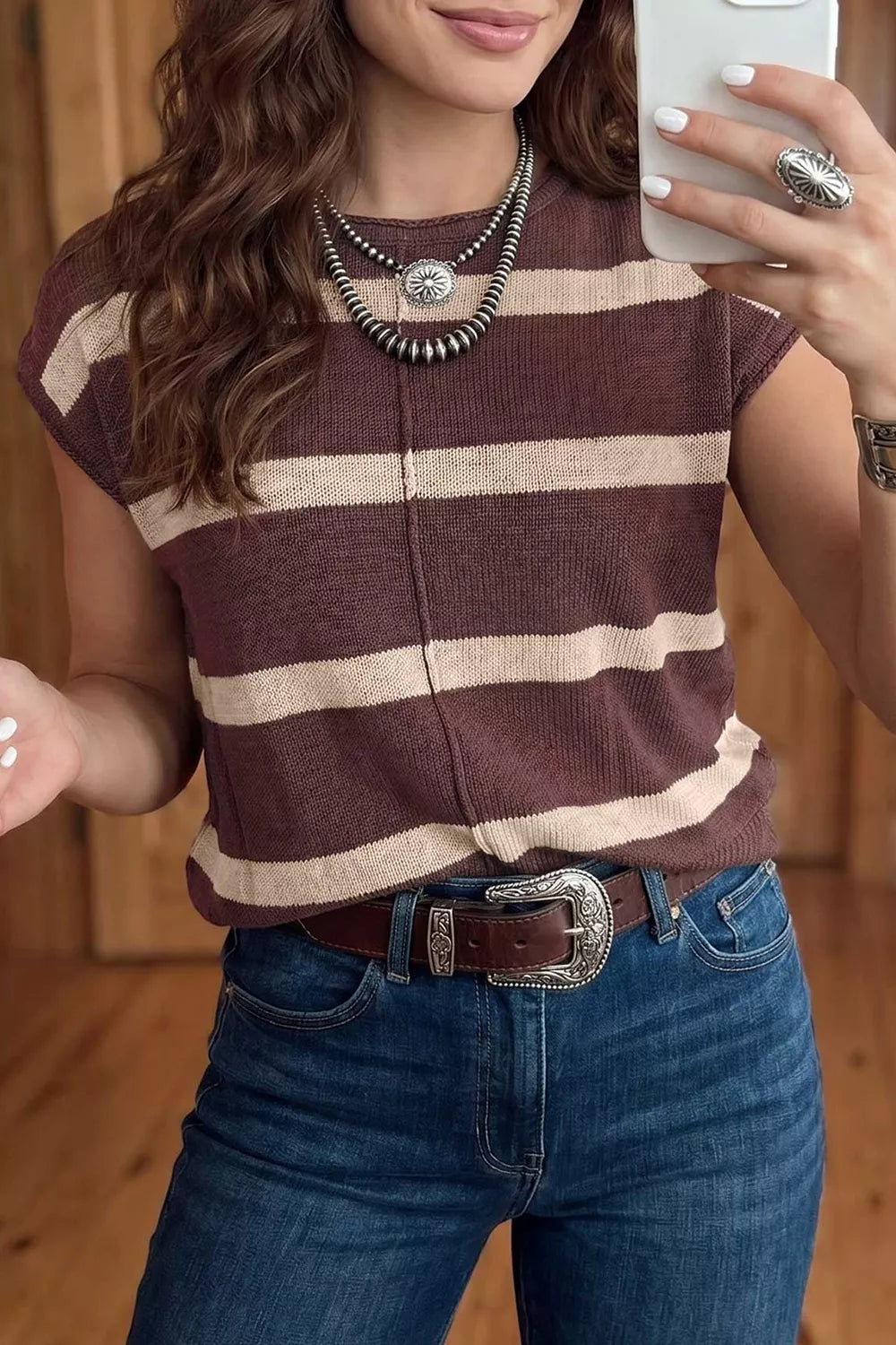 Stripe Knit Western Short Sleeve Sweater