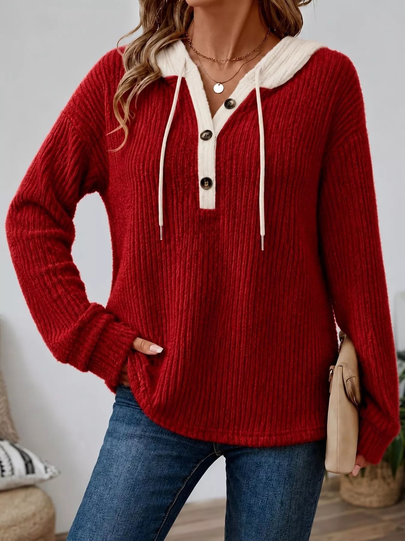 Full Size Drawstring Button Detail Hooded Sweater Plus Size