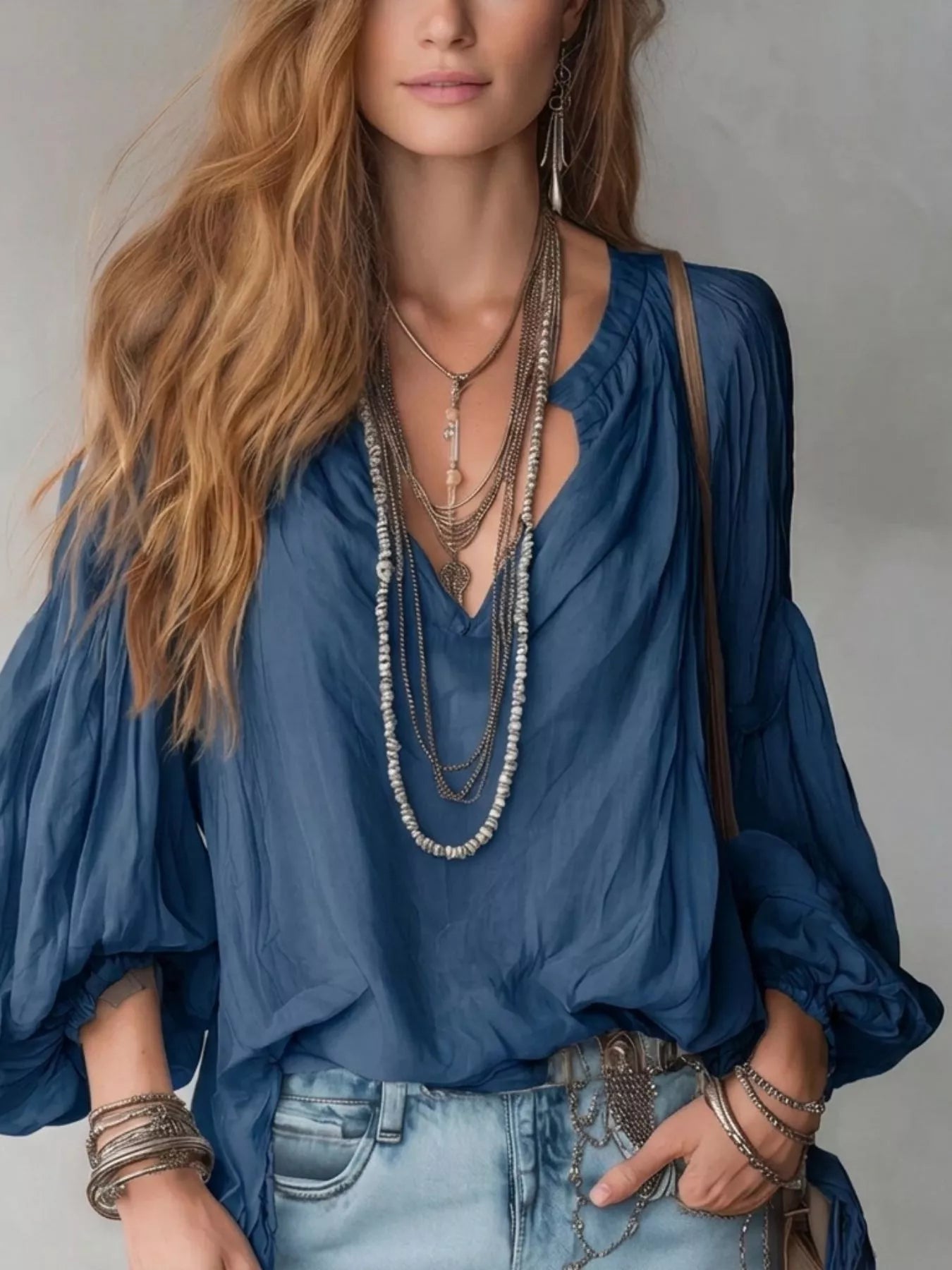 Notched Balloon Sleeve Blouse