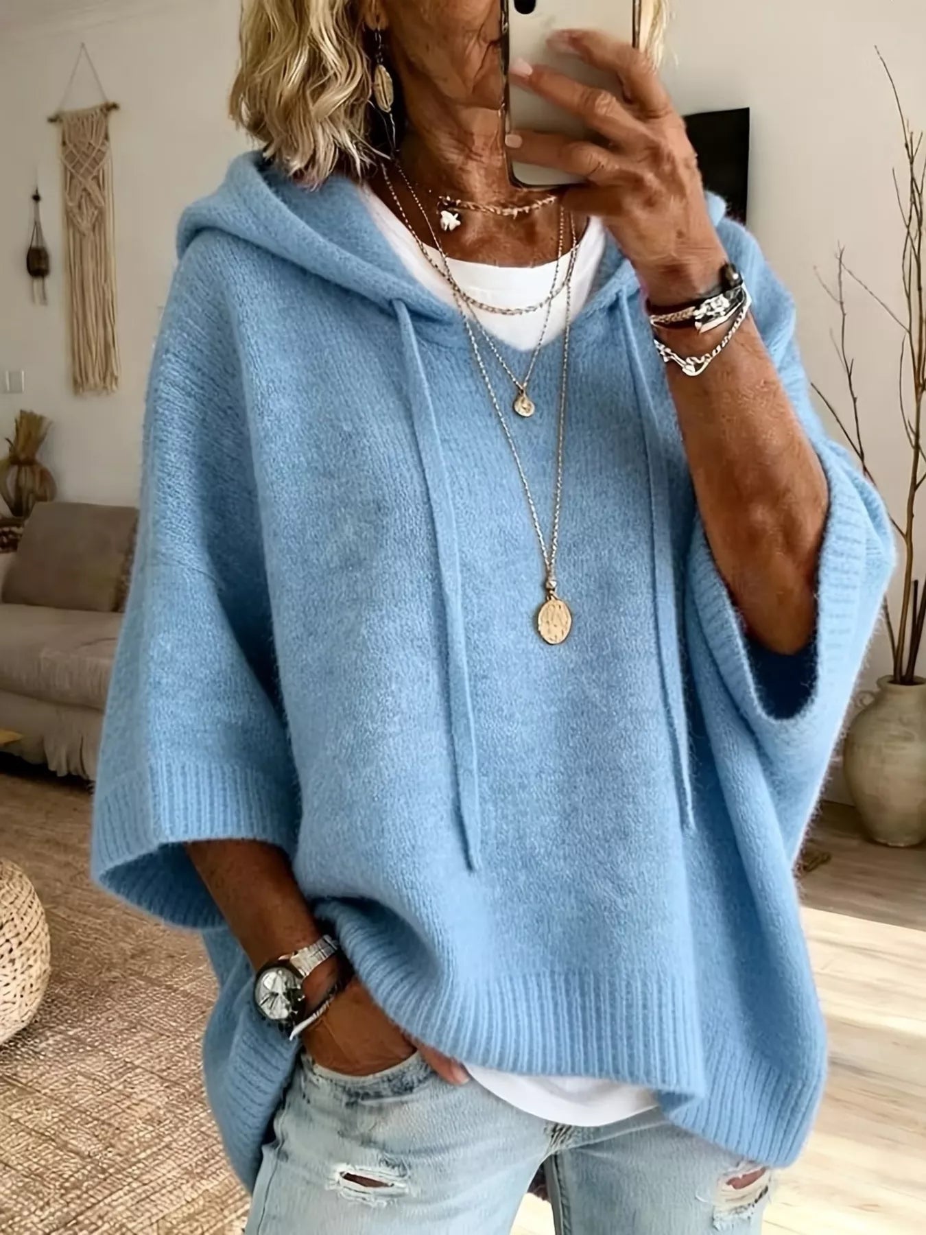 Full Size Casual Hooded Batwing Sleeve Knit Sweater Plus Size